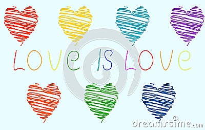 Hearts of different colors of the rainbow on a light blue background and the inscription love. symbol lgbt Vector Illustration