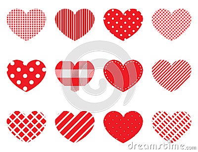 Hearts with different patterns. Red hearts. Love concept. Valentine icons. Valentines day. Vector illustration Vector Illustration