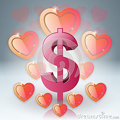 Hearts and dollar Valentines day. Dollar, money icon. Vector Illustration