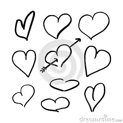 Hearts doodle set. Collection of hand drawn careless hearts. Black isolated on a white background. Vector illustrations. Vector Illustration