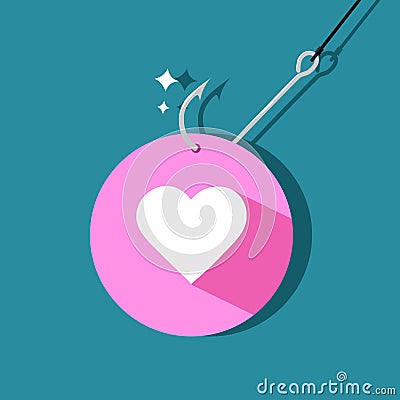 Hearts and fishing hooks. concept for using the heart as bait. Falling in love. vector Vector Illustration