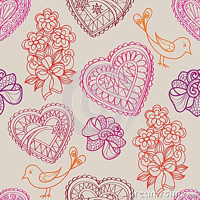 Hearts flowers and birds seamless background. Love retro texture. Vector Illustration