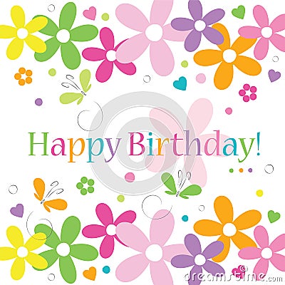 Hearts flowers and butterflies happy birthday card Vector Illustration