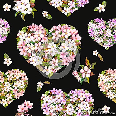 Hearts with flowers for Valentine day. Vintage floral blossom sakura. Watercolor seamless pattern at black background Stock Photo