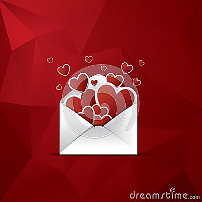 Hearts flying out of envelope valentine card template design. Red low poly background. Vector Illustration