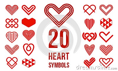 Hearts geometric linear logos vector icons or logotypes set, graphic design modern style elements, love care and charity Vector Illustration