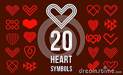 Hearts geometric linear logos vector icons or logotypes set, graphic design modern style elements, love care and charity Vector Illustration