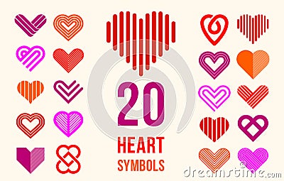 Hearts geometric linear logos vector icons or logotypes set, love care and charity geometrical symbols collection, graphic design Vector Illustration