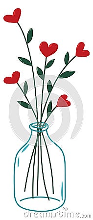 Hearts in glass vase. Cute romantic color drawing Vector Illustration
