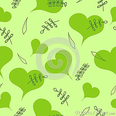 Hearts and green leaves on a light green color Vector Illustration