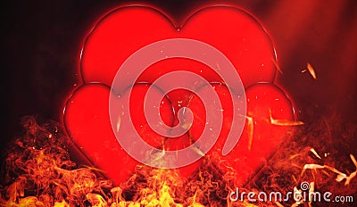 Valentine`s day Card with red hearts on isolated fire particles embers background with copyspace Stock Photo