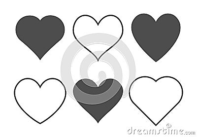 Hearts icon set. Outline love vector signs isolated on a background. Gray black graphic shape line art for romantic wedding or Vector Illustration