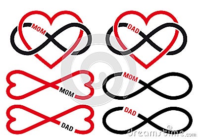 Hearts with infinity sign for mom, dad, vector set Vector Illustration