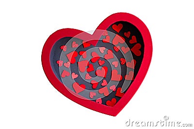 Hearts inside black heart-shaped gift box with red heart cap Stock Photo