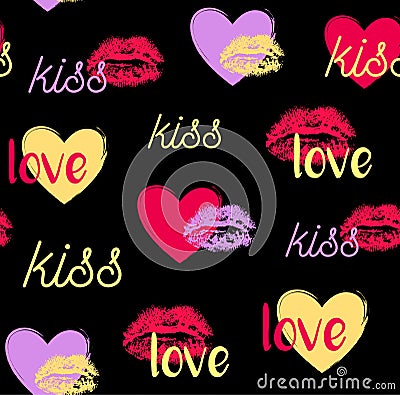 Hearts and lips imprints pattern on black background vector Vector Illustration