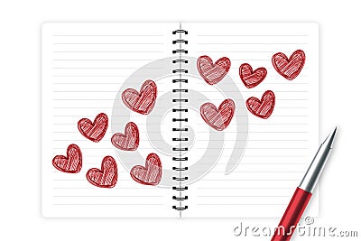 Hearts love couple symbol hand drawing by pen sketch red color with notebook, valentine concept design Vector Illustration