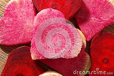 Hearts made of fresh radish and beet, closeup Stock Photo