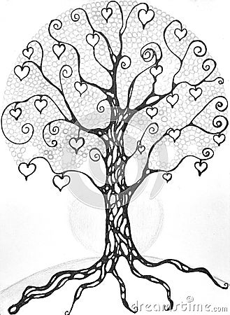 Hearts magic tree love illustration, for coloring Cartoon Illustration