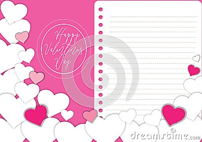 Hearts on notebook blank paper sheet for write card background - Valentines day card pink and white heart with text happy Stock Photo