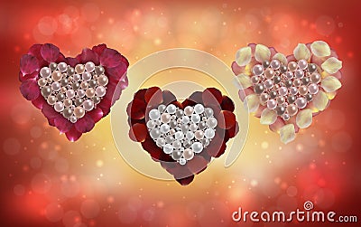 Hearts of pearls and rose petals Vector Illustration