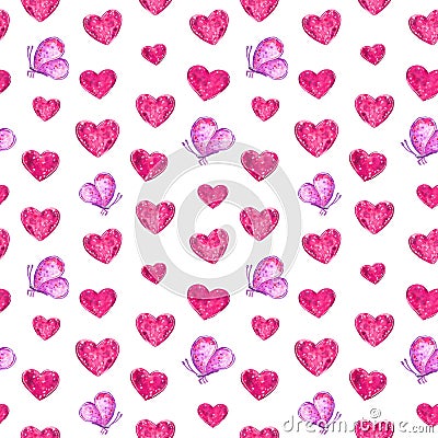 Hearts and pink butterflies seamless pattern, watercolor illustration Cartoon Illustration