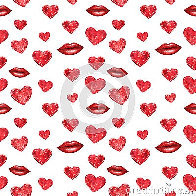 Red hearts and lips seamless pattern, watercolor illustration Cartoon Illustration