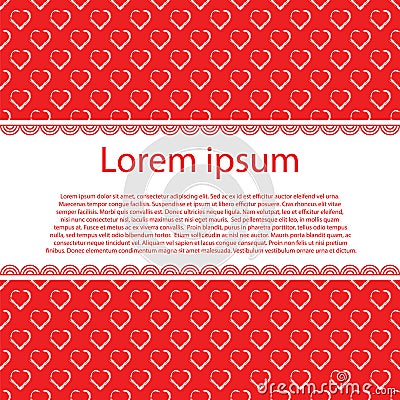 Hearts on red love background and text stripe. Love romantic messages with hearts. Vector Illustration