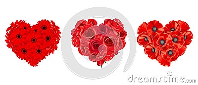 Hearts of red roses, gerbera and poppy flowers. Vector illustration. Vector Illustration