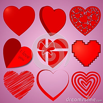 Hearts vector set for Valentine on rose background Vector Illustration