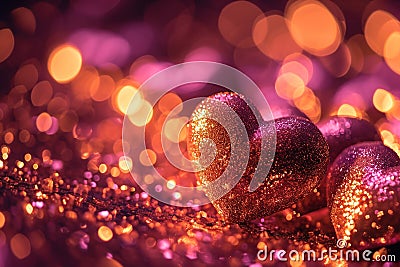 Hearts in sparkling glitter, radiating with magical glow against bokeh light background, symbolizing love, passion Stock Photo