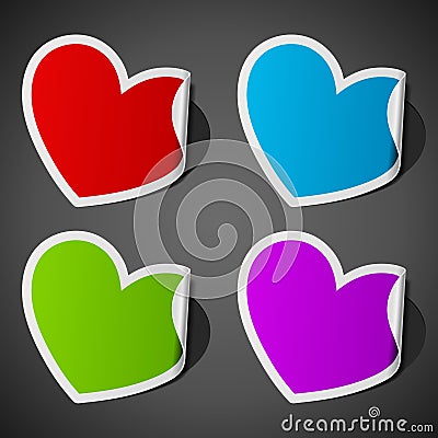 Hearts stickers multicolored vector realism. Red vibrant art with blue curled end. Romantic pastel green gradient for Vector Illustration