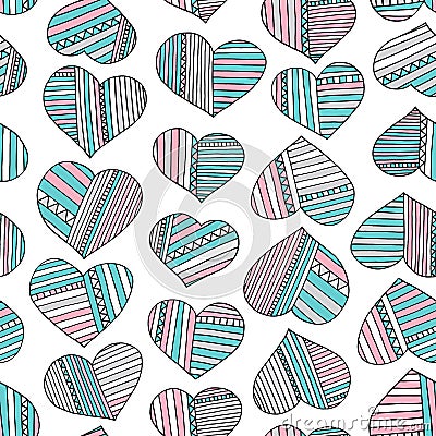 Hearts and stripes hand drawn abstract pattern. Vector colorful love seamless background. Vector Illustration