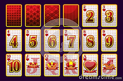 Hearts Suit Poker Playing Cards for poker and casino. Playful collection symbols sign fool deck. Vector Illustration