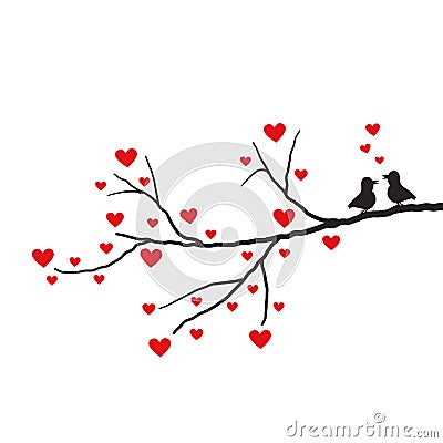 Hearts tree. Valentines day branch with red hearts and a cute pair of birds Vector Illustration