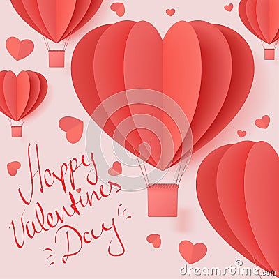 Happy valentines day typography vector illustration design with paper cut red heart shape origami made hot air balloons flying in Vector Illustration