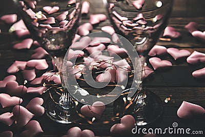 Hearts with wine glasses. Romantics love concept. Festive background. Valentines day postcard. Lights and lamps Stock Photo