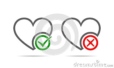 Hearts with Yes and No check marks. Vector illustration. Cartoon Illustration