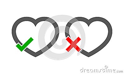 Hearts with Yes and No check marks. Vector illustration. Cartoon Illustration