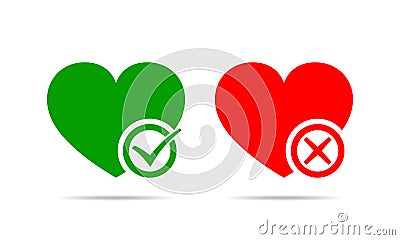 Hearts with Yes and No check marks. Vector illustration. Cartoon Illustration