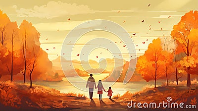 Heartwarming autumn forest illustration of a father and daughter bonding Cartoon Illustration