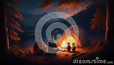 heartwarming family camping, digital art illustration, Generative AI Cartoon Illustration