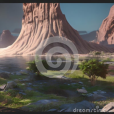 A heartwarming green scenery with a mountain created with generative AI technology. Stock Photo