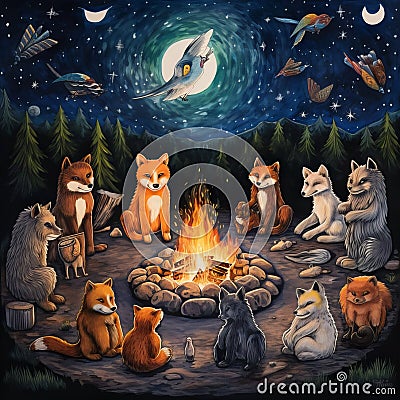 Forest Fellowship: Illustration of Friends United by Campfire Glow Cartoon Illustration