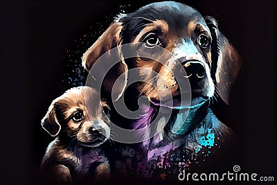 A heartwarming illustration of a mother dog and her puppy, depicted against a dark background, showcasing their bond and Cartoon Illustration