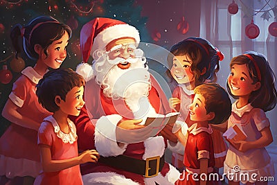 Heartwarming illustration of Santa Claus sharing a moment with children from different cultural Cartoon Illustration
