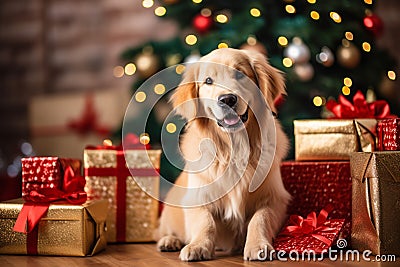 Santa's Furry Helper: Golden Retriever with Presents Stock Photo
