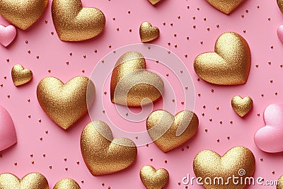 A heartwarming pattern of 3D golden hearts on a pastel pink background, perfect for themes of love, Valentine's Day Stock Photo