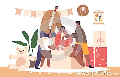 Heartwarming Scene With Black Family Characters Gather At Home To Meet Arrival Of A Newborn, Vector Illustration Vector Illustration