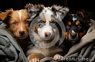 heartwarming scene, cute and curious dogs find a cozy haven under a warm blanket. Stock Photo