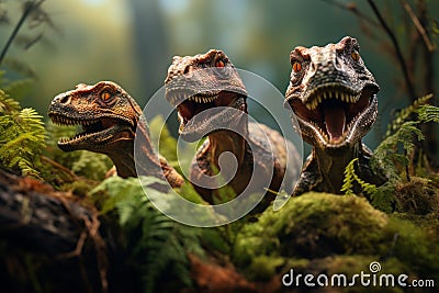 A heartwarming scene featuring a family of dinosaurs playing together, invoking a sense of joy and bonding in the prehistoric Stock Photo
